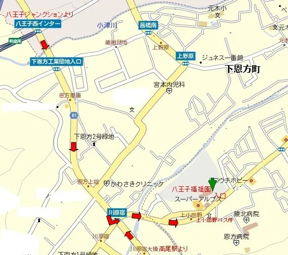 案内図/高速道路では、最寄りの八王子西インターから、川原宿交差点を左折し、左手に見えてきます。